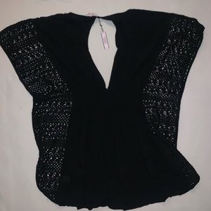 Victoria Secret Swim Coverup in black with crochet bat wing like sleeves.